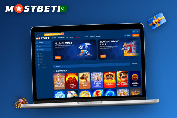 Player at a laptop exploring Mostbet Casino game providers with stylised studio badges