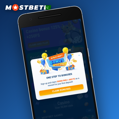 Smartphone showing the Mostbet mobile app lobby with a fingerprint login prompt