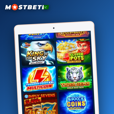 Mostbet Casino Pragmatic Play Megaways slot reel tile with neon purple-gold gradient