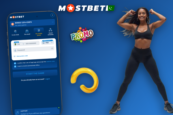 Mostbet promo code Pakistan entry field showing BETBONUS125 confirmed with a green checkmark
